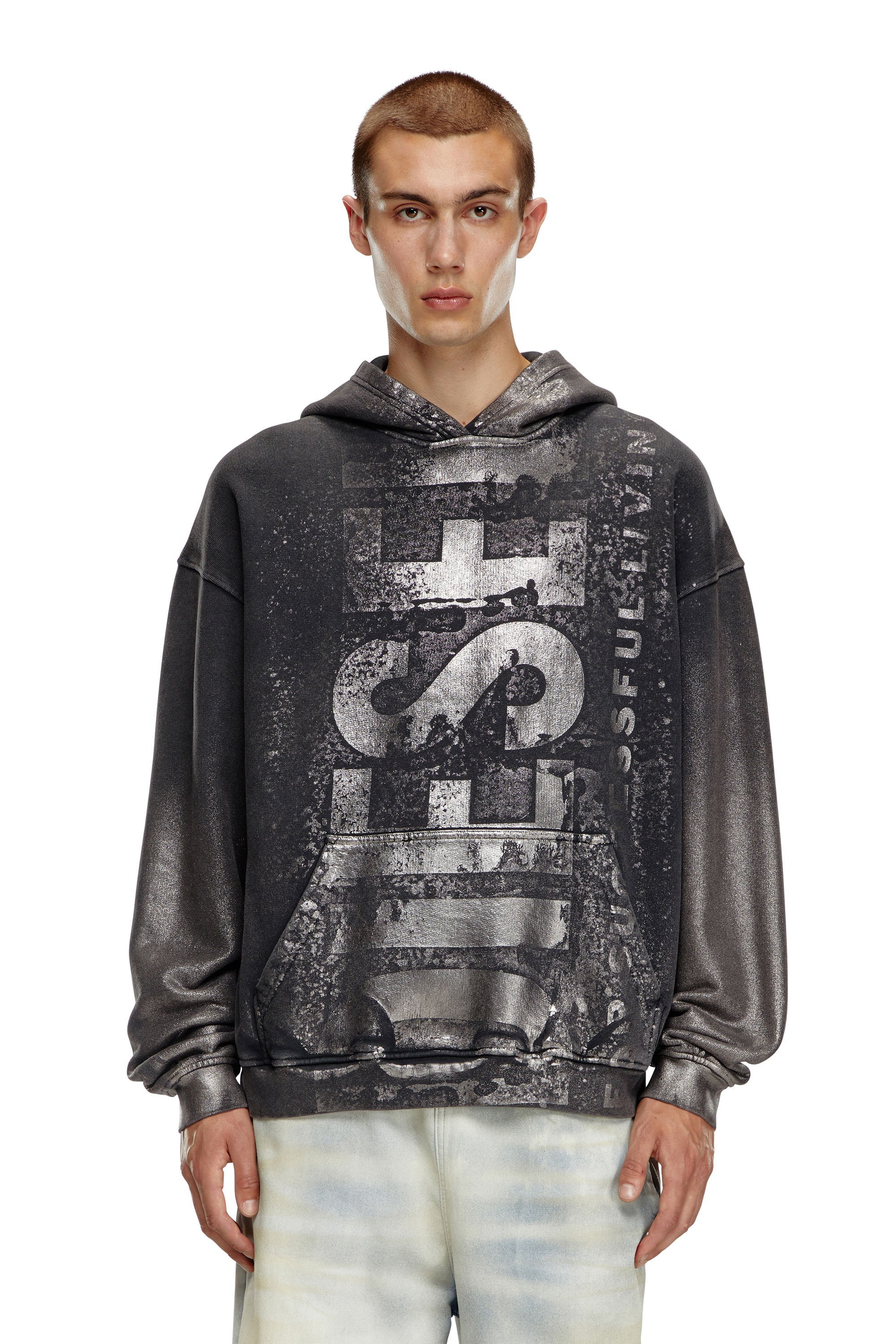 【未使用】DIESEL ジップスリット スウェット ブラック ラメ S SFPERU Zip-up hoodie with cut-out Oval D logo｜ブラック
