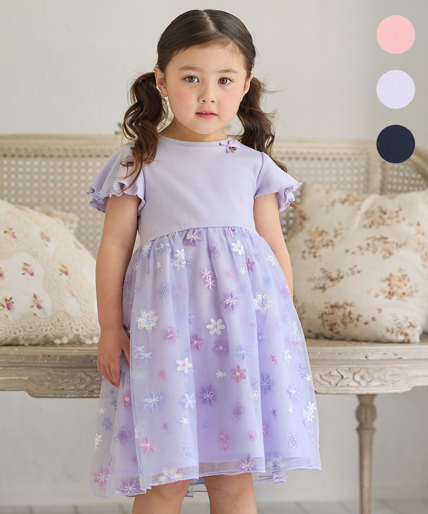 【SALE／30%OFF】any FAM KIDS 刺繍チュールワンピース エニィファム ワンピース・ドレス ワンピース パープル ネイビー ピンク【送料無料】画像