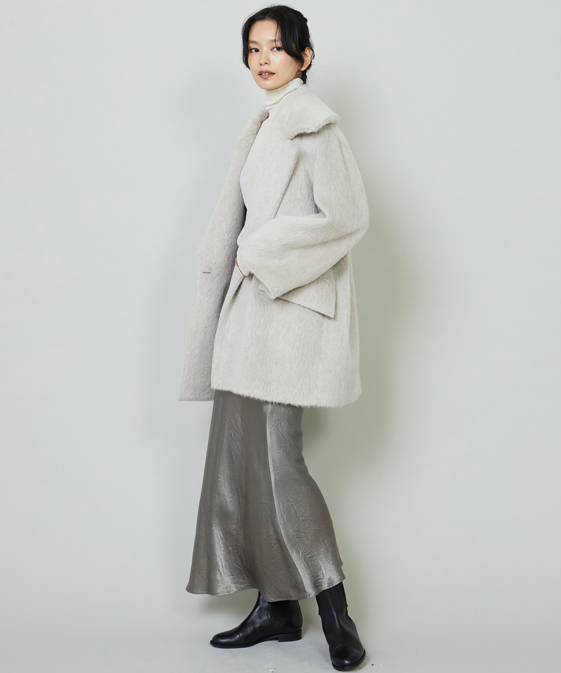 トム 大草直子　HELIOTALE ロングコート ブラック・ホワイト 36 大草直子さんコラボ】＜Rain Wool＞ピーコート