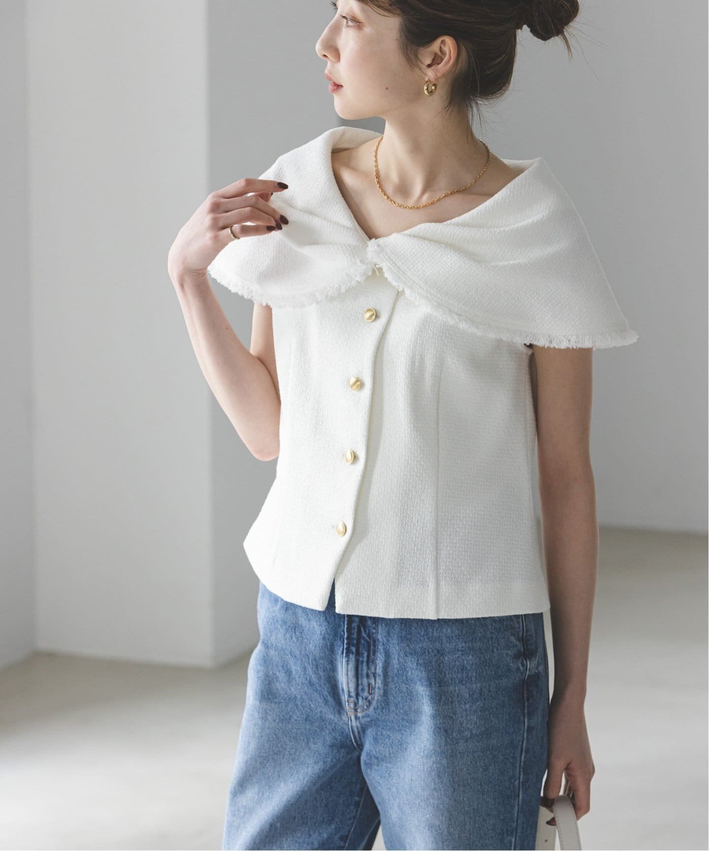 SALE／30%OFF】NOBLE ファンシーツイードケープカラーブラウス 