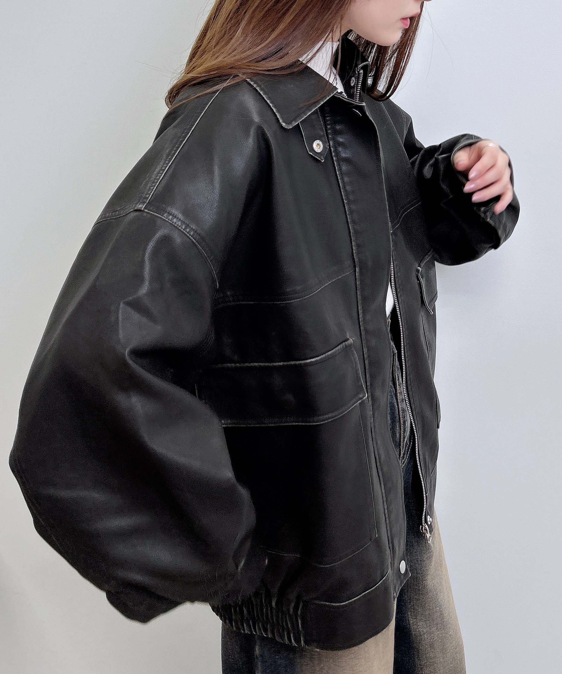 ヴィンテージレザーBIGブルゾン セール】ヴィンテージライクフェイクレザーBIGブルゾン（ブルゾン