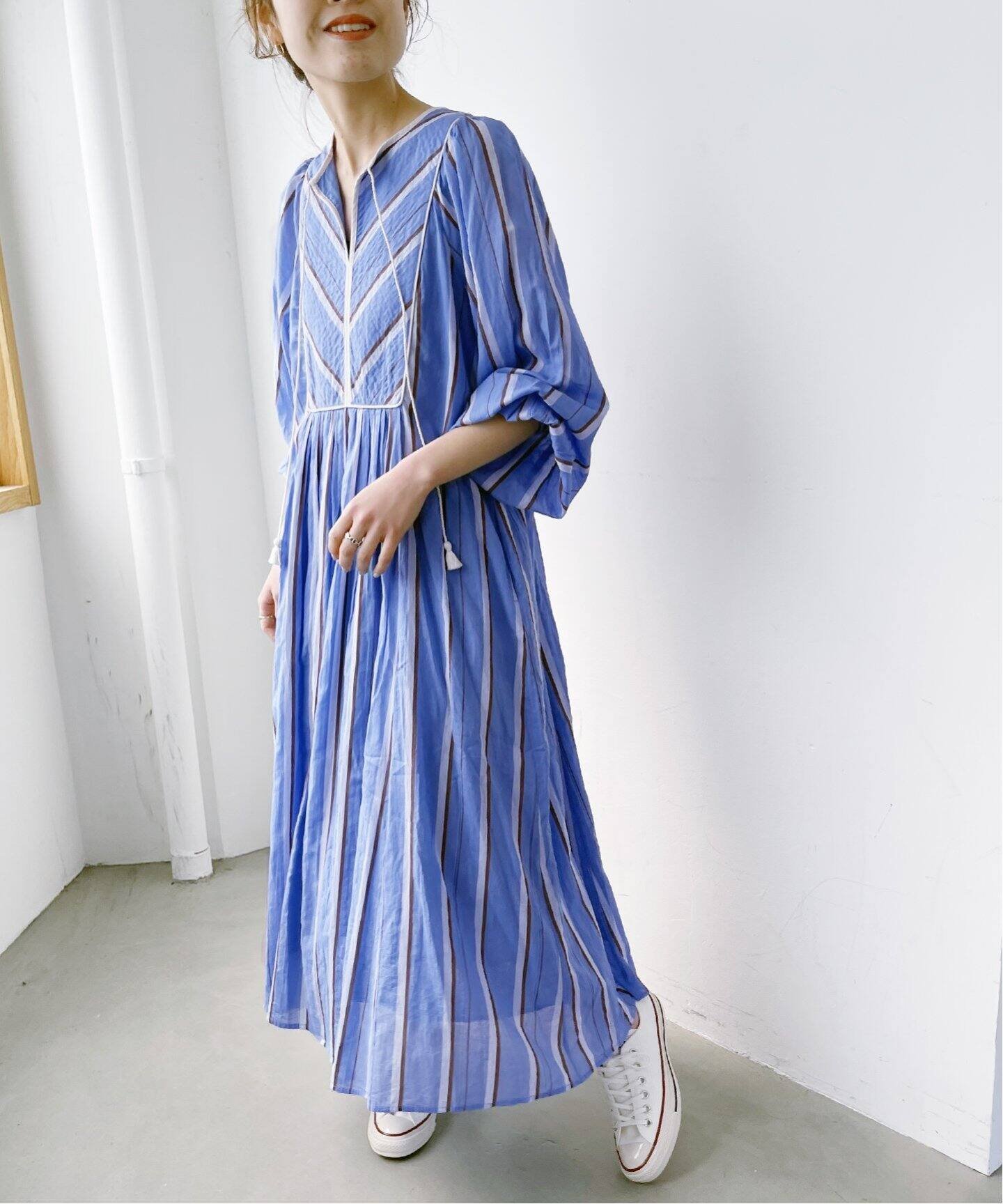 ヌキテパCotton Dobby Stripe Square LaceDress