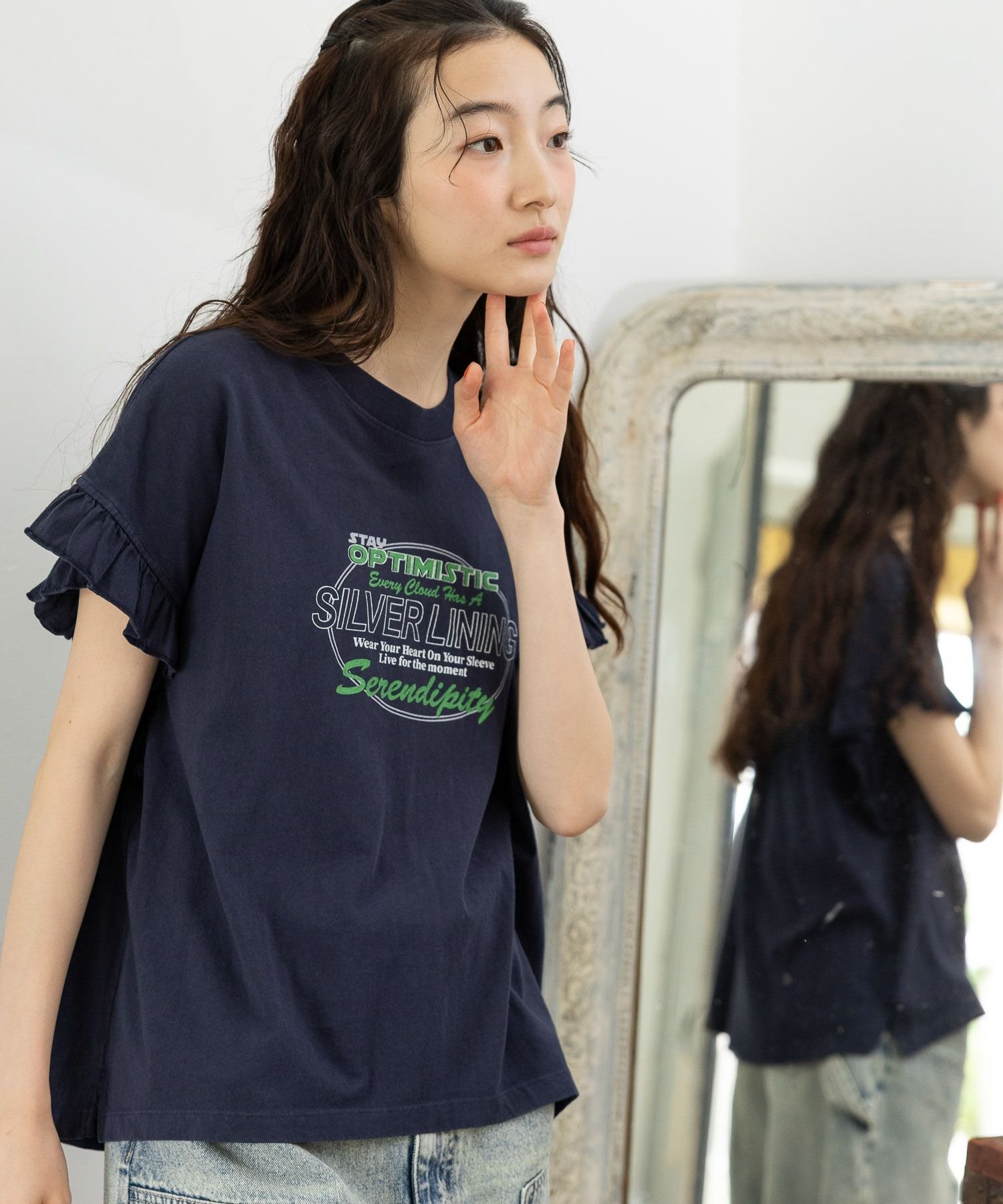 韓国 人気ドットフリルTシャツ[NICK&NICOLE] DOTS LACE HALF TOP WEB限定】総柄プリント半袖Tシャツ[品番：NICW0005485]｜NICOLE