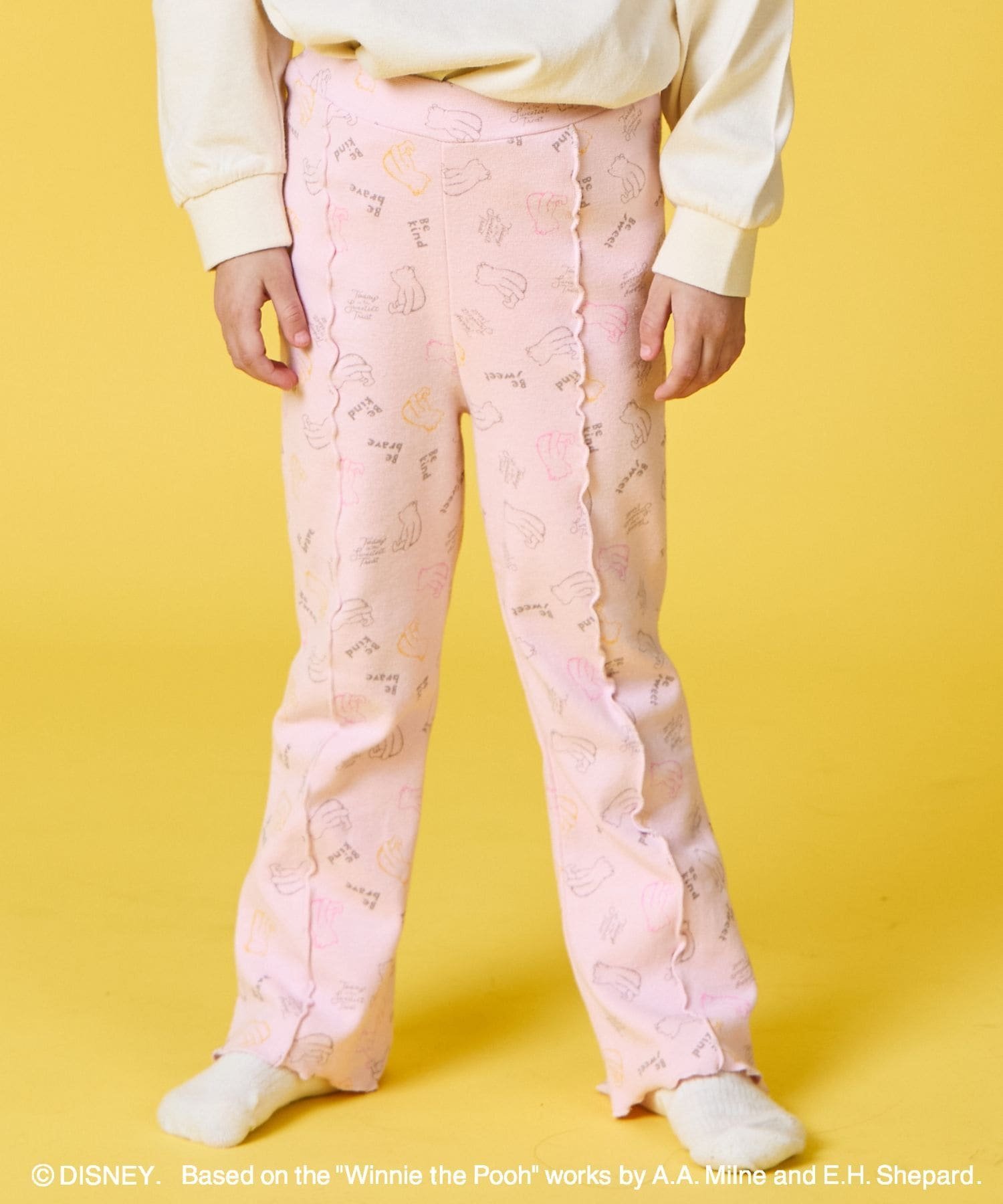 pairmanon 【くまのプーさん】【リンクコーデ】ガールズ 総柄 メロー リブレギンス ペアマノン 靴下・レッグウェア レギンス・スパッツ ベージュ ピンク画像