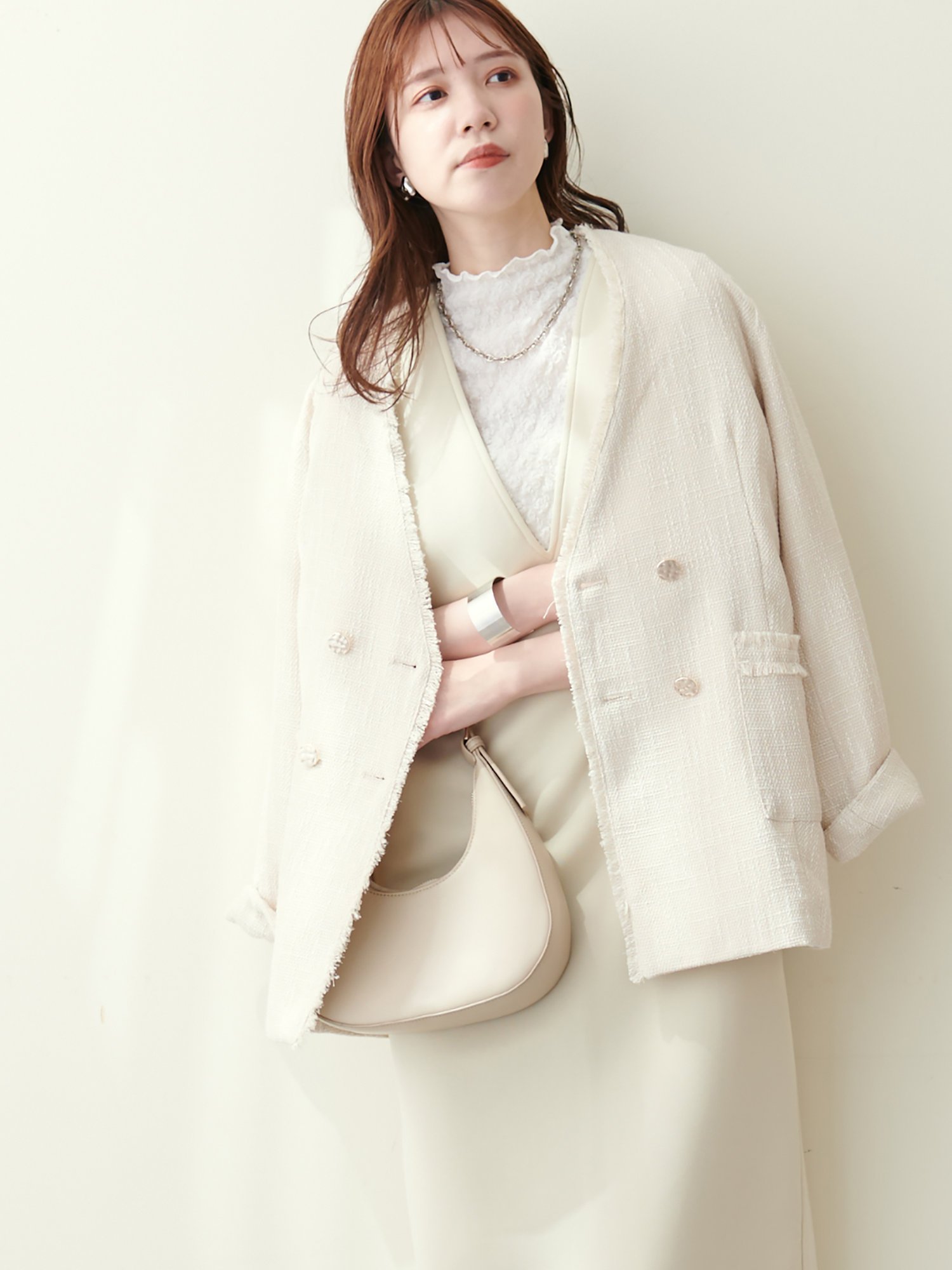 natural couture 金釦ツィードWブレストジャケット ナチュラル