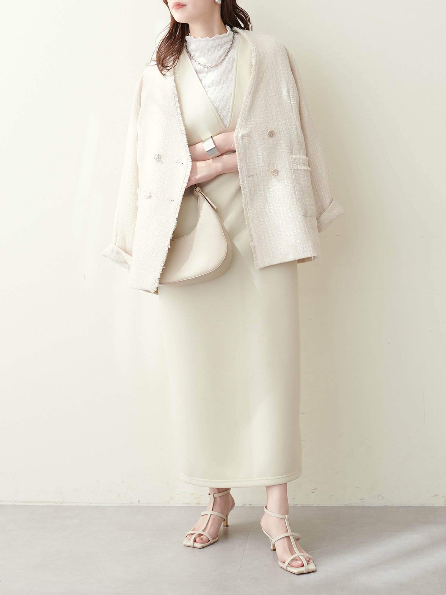 natural couture 金釦ツィードWブレストジャケット ナチュラル
