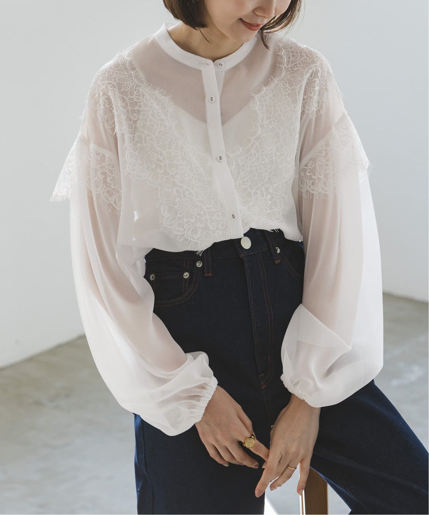 SALE／30%OFF】NOBLE リバーレーストリミングシフォンブラウス 