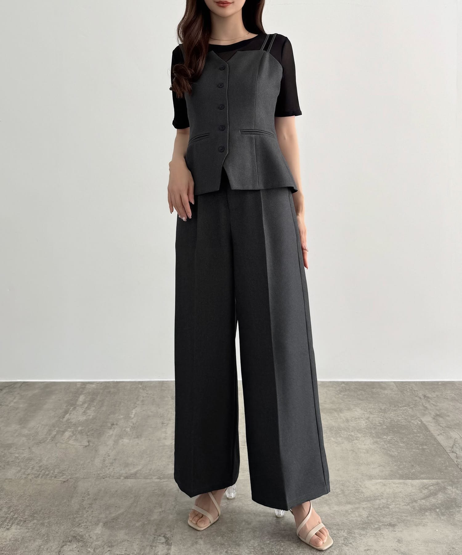 【SALE/16%OFF】JUNOAH CENEA デザインビスチェ+ワイドパンツSET ジュノア パンツ スラックス・ドレスパンツ ベージュ ブラック【送料無料】