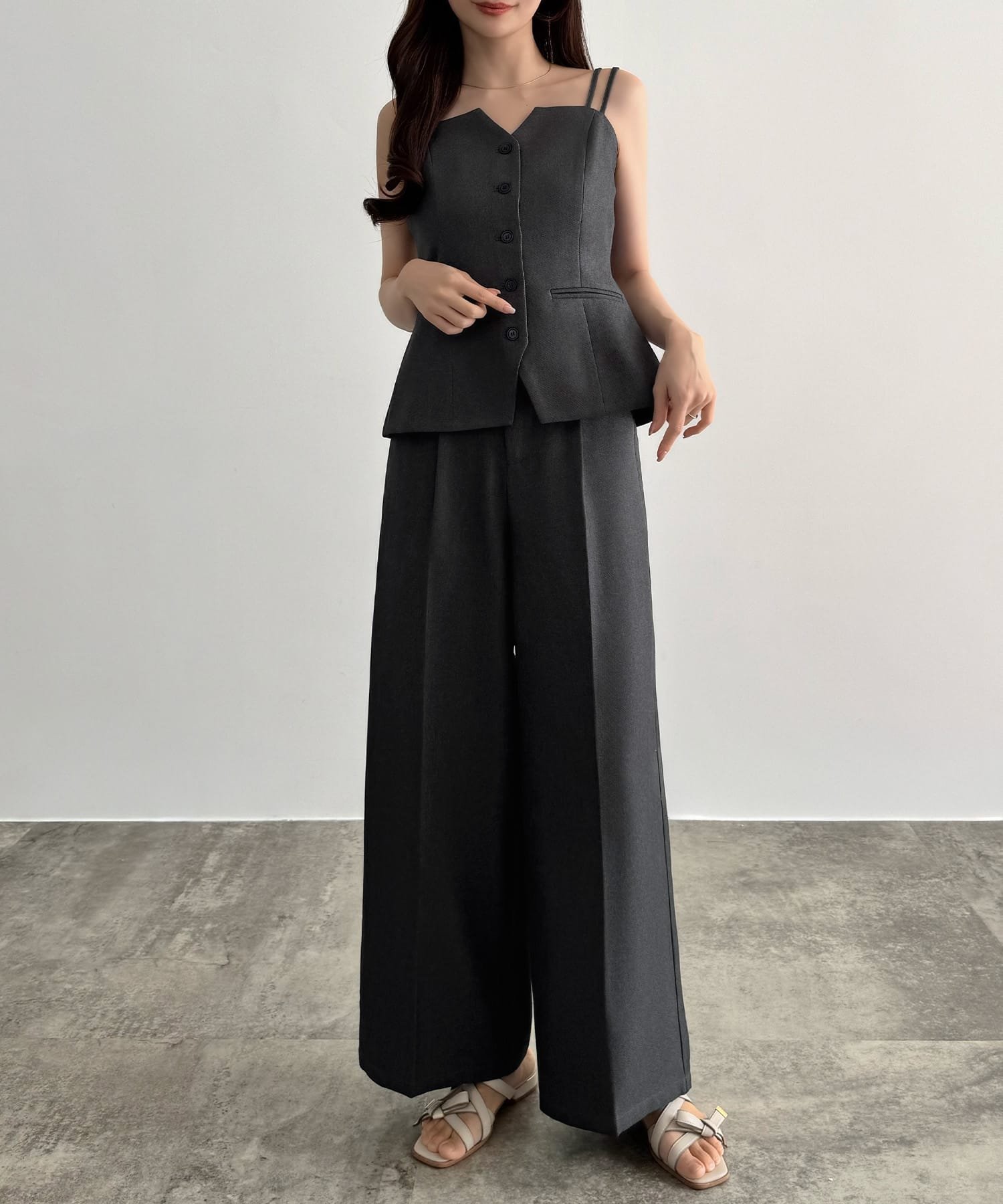 【SALE/16%OFF】JUNOAH CENEA デザインビスチェ+ワイドパンツSET ジュノア パンツ スラックス・ドレスパンツ ベージュ ブラック【送料無料】