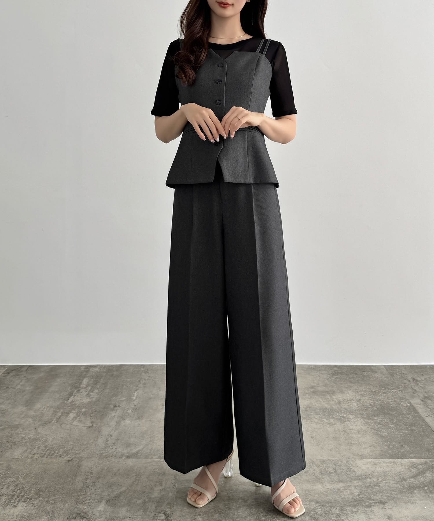 【SALE/16%OFF】JUNOAH CENEA デザインビスチェ+ワイドパンツSET ジュノア パンツ スラックス・ドレスパンツ ベージュ ブラック【送料無料】