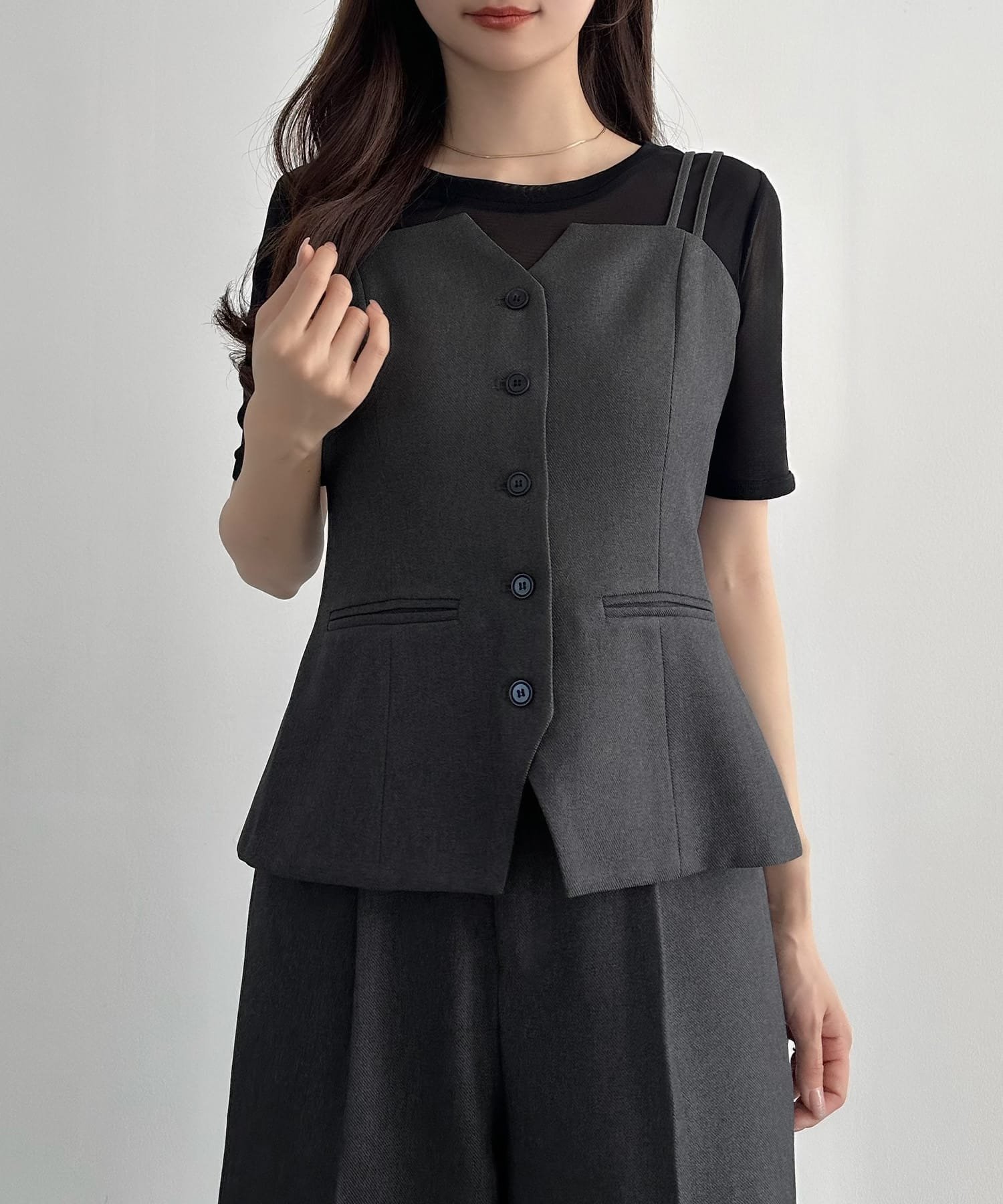 【SALE/16%OFF】JUNOAH CENEA デザインビスチェ+ワイドパンツSET ジュノア パンツ スラックス・ドレスパンツ ベージュ ブラック【送料無料】