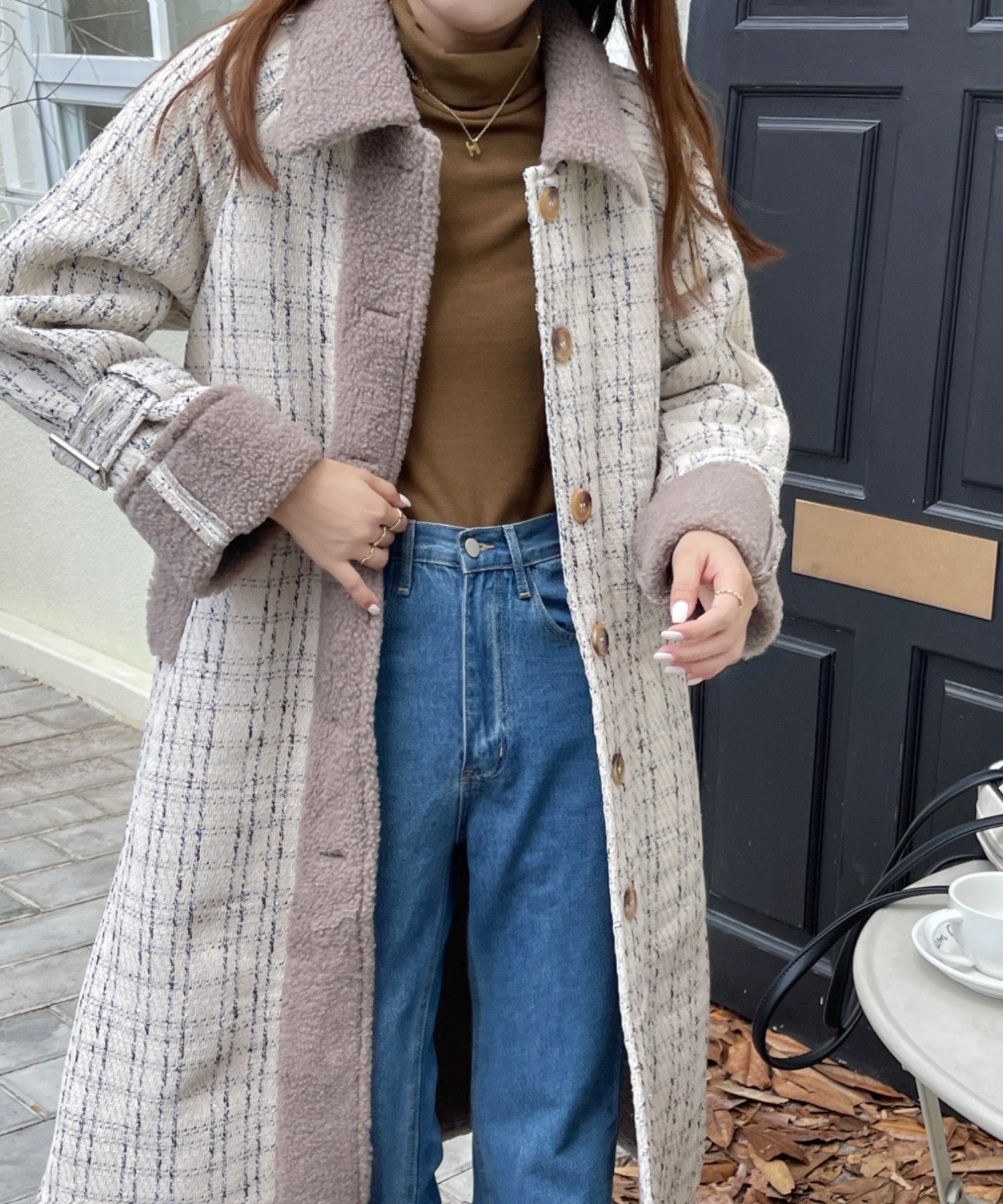 SALE／76%OFF】emi+ 配色ボアドッキングチェック柄ロングコート 