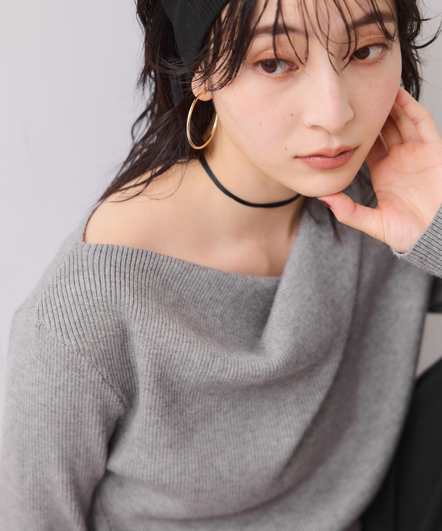 VIS 【美得】ドレープオフショルダーリブニット/イージーケア ビス トップス ニット グレー ホワイト ピンク ブラック【送料無料】
