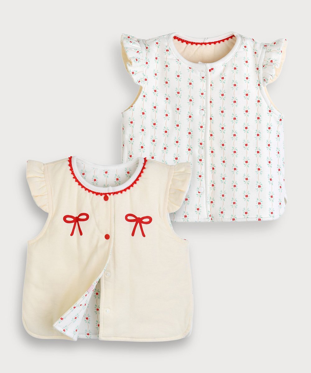 【SALE／30%OFF】moimoln 【リバーシブル】リボンロゼットガーデンパデットベスト モイモルン トップス ベスト・ジレ レッド画像