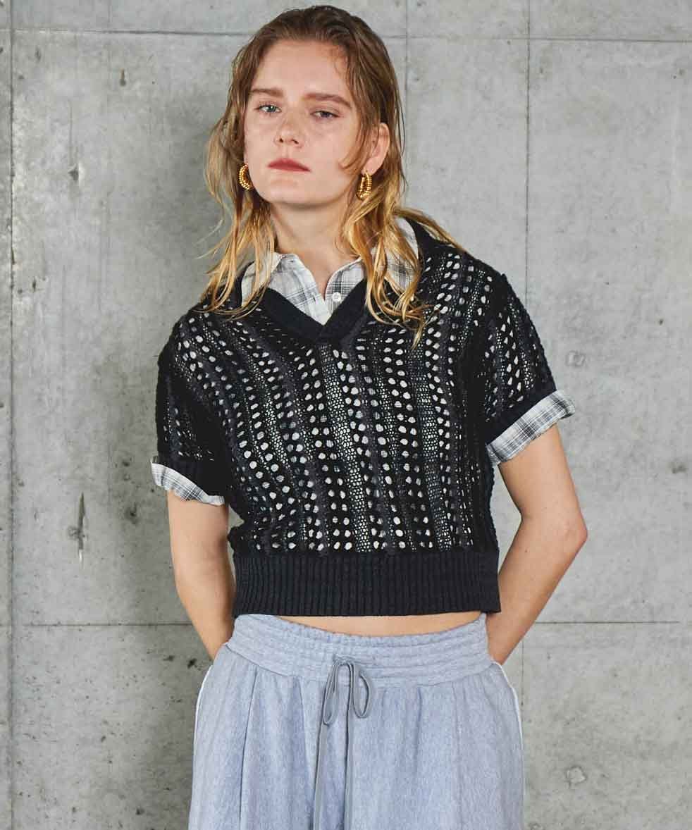 MAISON SPECIAL グレー ホワイト ニットポロシャツ UNISEX》Lonfresh Prime-Over Crew Neck Knit Polo Shirt/ロン