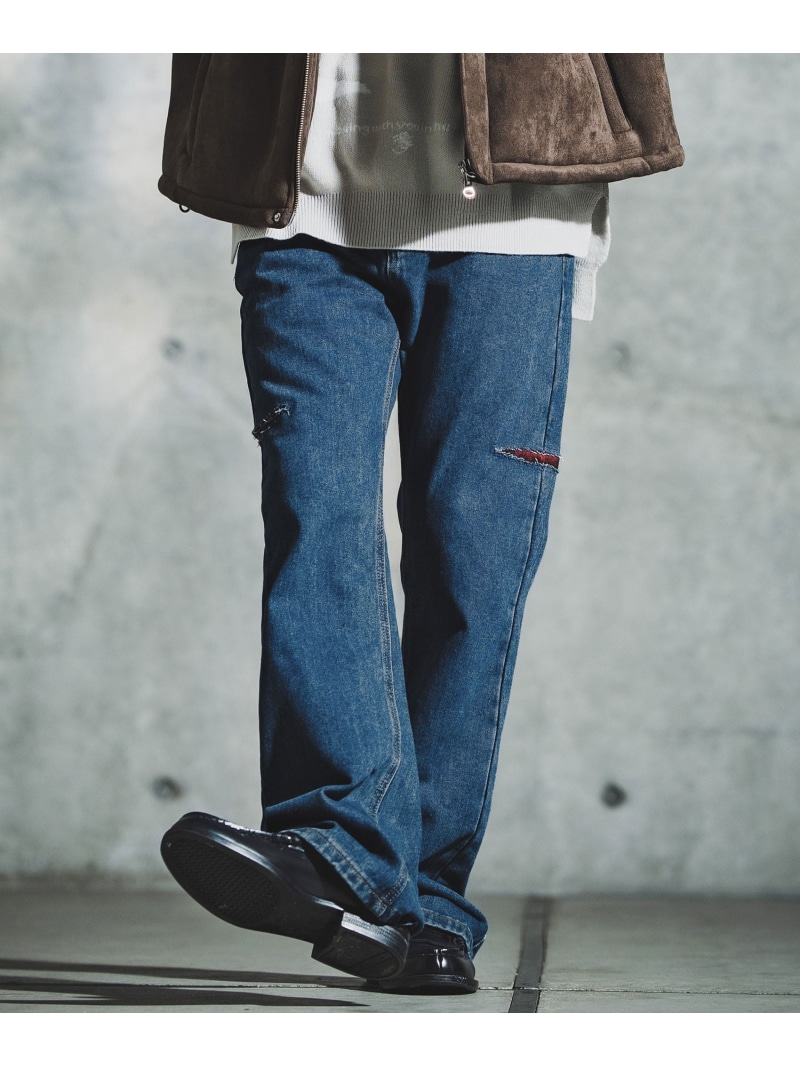 GLIMCLAP mp14141-Vintage Wash Flare Denim - Plaid Repairs デニムパンツ カンビオ パンツ その他のパンツ ブラック ネイビー【送料無料】