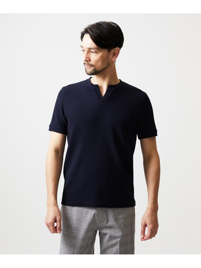 MICHEL KLEIN HOMME キーネックウェーブ半袖カットソー ミッシェルクランオム トップス カットソー・Tシャツ ベージュ ネイビー【送料無料】