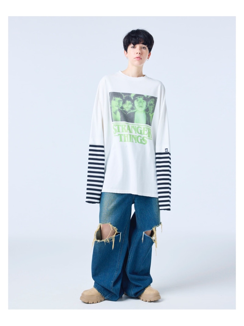 realize select stranger things x little sunny bite graphic fake layered long tee レアリゼ トップス カットソー・ティーシャツ 白いこと サクラ色 黒いこと【貨物輸送無料】