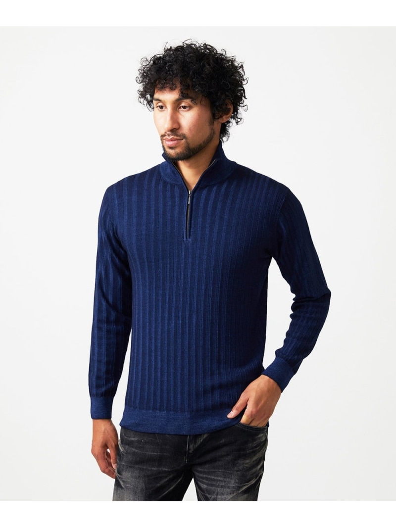MICHEL KLEIN HOMME ガーメントダイリブ  ハーフジップニット ミッシェルクランオム トップス 編み物 米国海軍 パープル【貨物輸送無料】