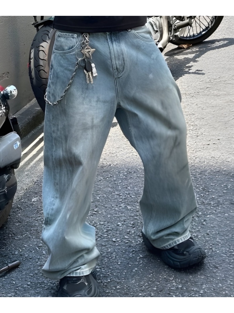 Chikashitsu + 【Chikashitsu +】dirty wash semi wide denim ネバーマインドザエックスユー／チカシツプラス パンツ ジーンズ・デニムパンツ ブラック ネイビー【送料無料】