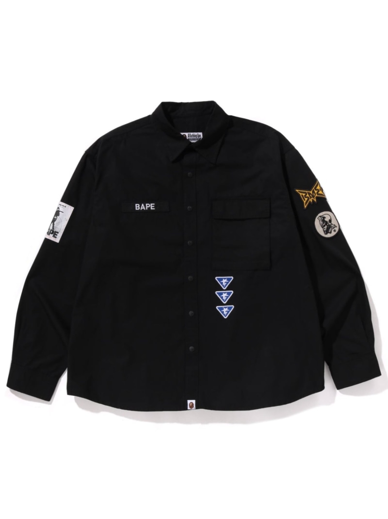 A BATHING APE BATHING APE LOGO MILITARY LS SHIRT ア ベイシング エイプ トップス シャツ・ブラウス カーキグリーン ブラック【送料無料】