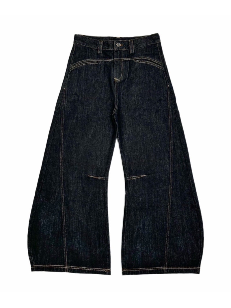 Chikashitsu + 【Chikashitsu +】lilting stitch curve denim pants ネバーマインドザエックスユー／チカシツプラス ズボン下 デニム・ジーンズズボン下 黒いこと【貨物輸送無料】