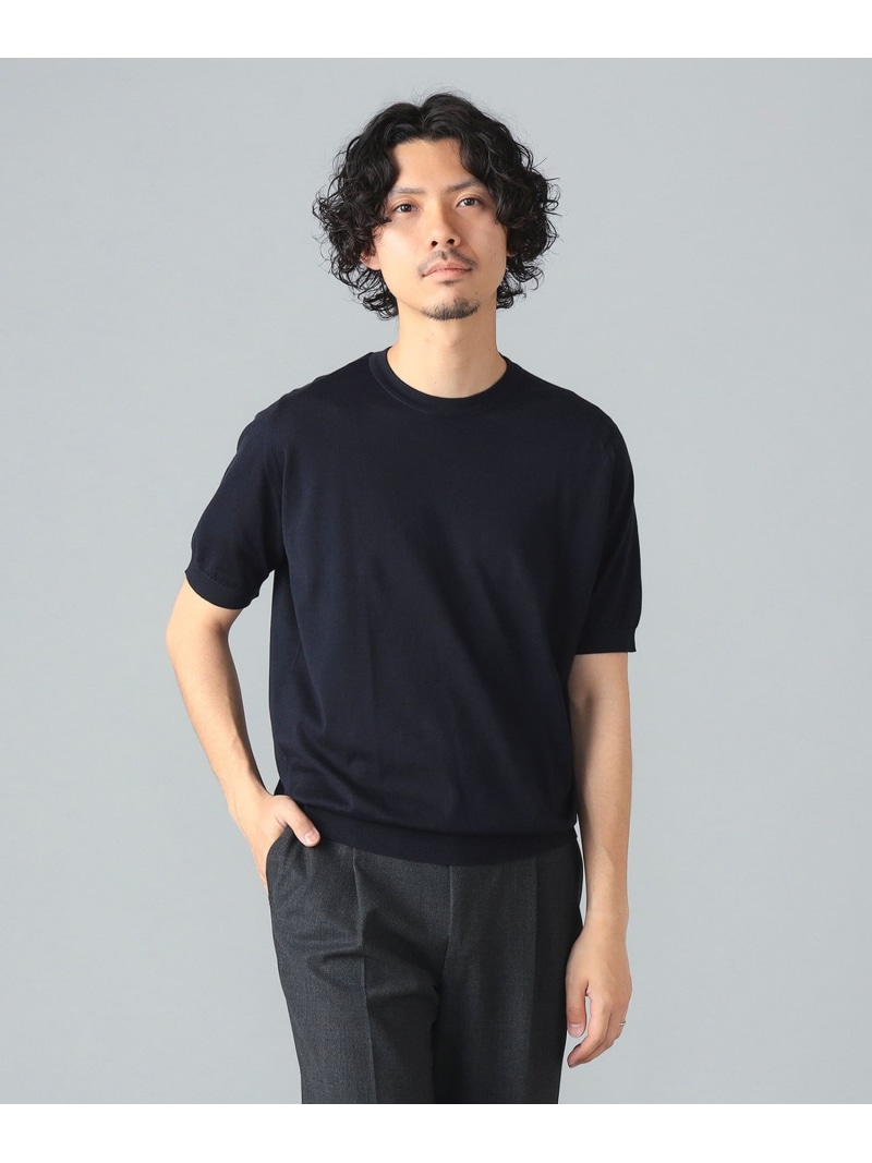 BEAMS F JOHN SMEDLEY / KEMPTON コットン クルーネックニット ビームス メン トップス カットソー・Tシャツ ネイビー ブルー ホワイト ブラック【送料無料】
