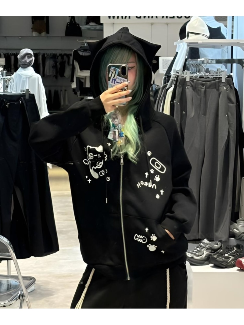 Nerd out XU 【Nerd out XU】neko!! zip hoodie ネバーマインドザエックスユー／チカシツプラス トップス パーカー・フーディー ブラック グレー【送料無料】
