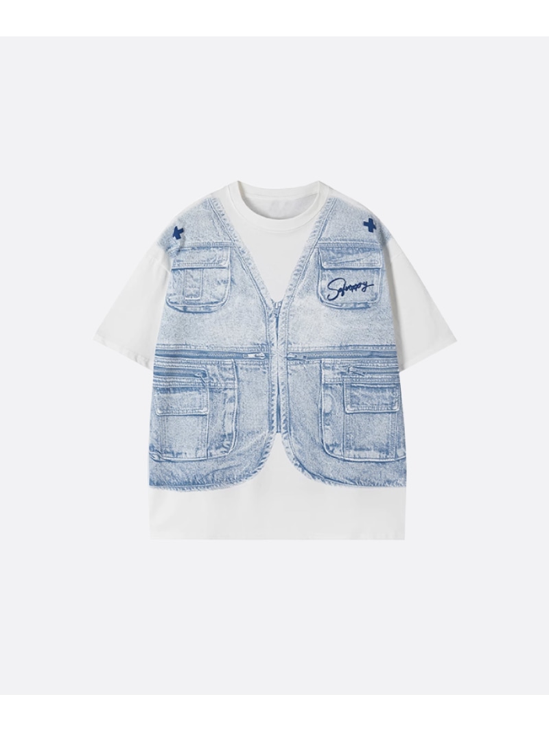 U:UME Denim Vest Print T ユーム トップス カットソー・Tシャツ ブラック ブルー【先行予約】*【送料無料】 8,208円