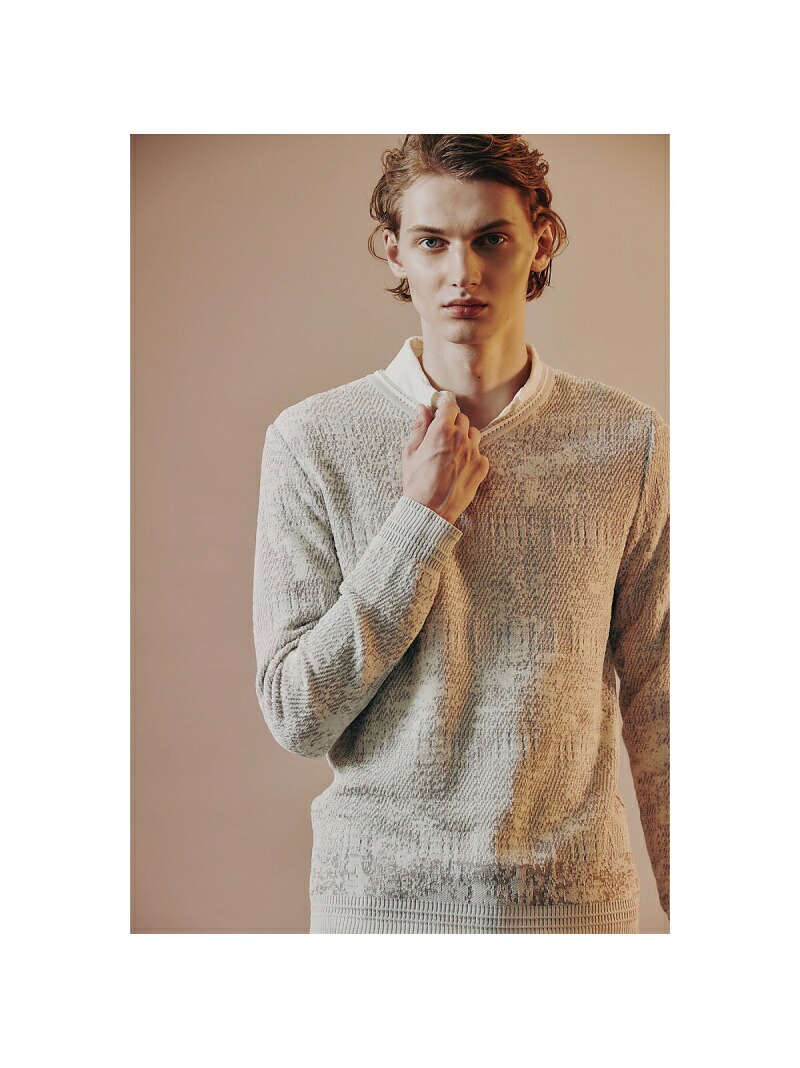 5351POUR LES HOMMES ペインティング ブロークンチェック Vネック プルオーバー ニット ゴーサンゴーイチプールオム トップス ニット ホワイト グレー カーキ*