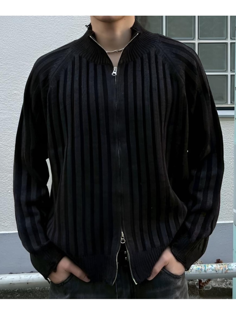 Chikashitsu + 【Chikashitsu +】contrast rib zip up knit / チカプラ リブニット ジップアップ ネバーマインドザエックスユー/チカシツプラス トップス ニット グレー ブラック【送料無料】| Fashion Men