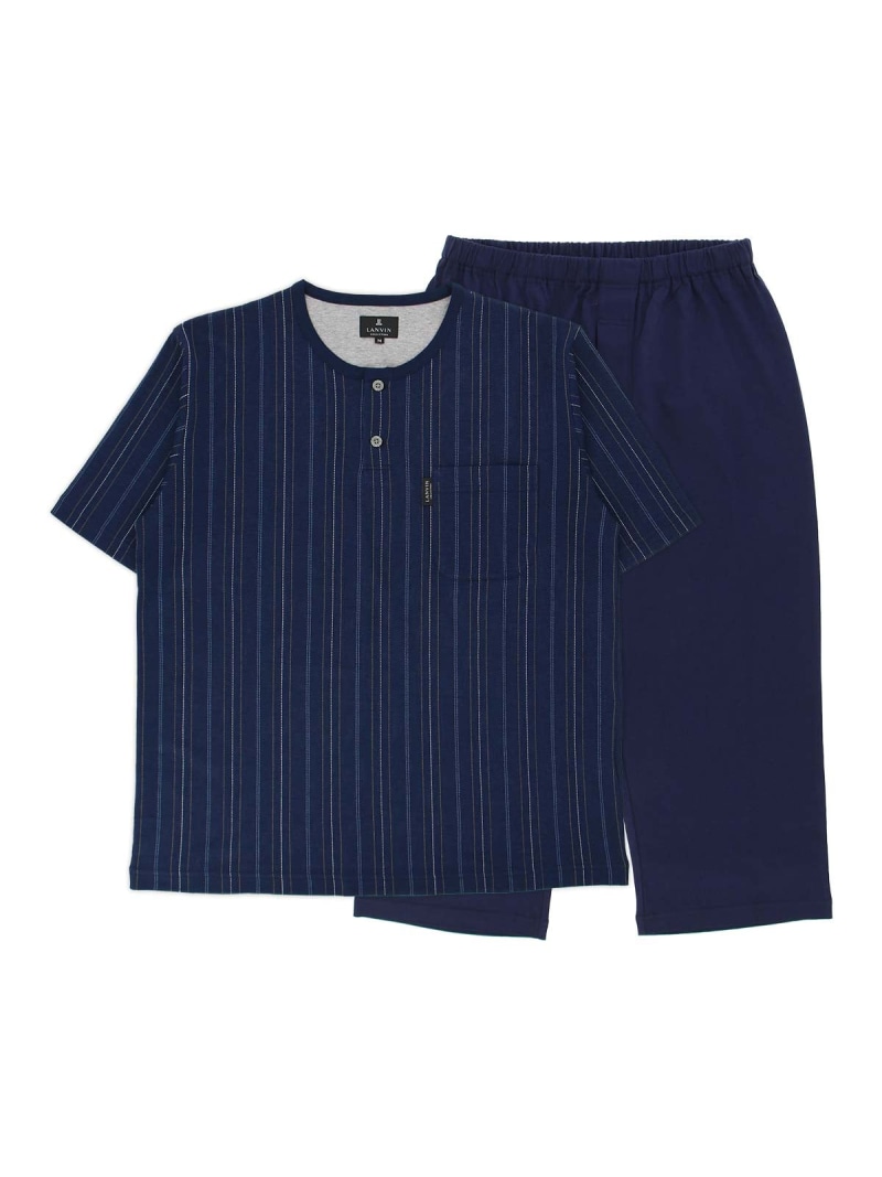 LANVIN COLLECTION LANVIN COLLECTION 先染めガンビートジャガード 天竺無地 綿100% 半袖 上下セット ナイガイ インナー・ルームウェア パジャマ ネイビー グレー【送料無料】