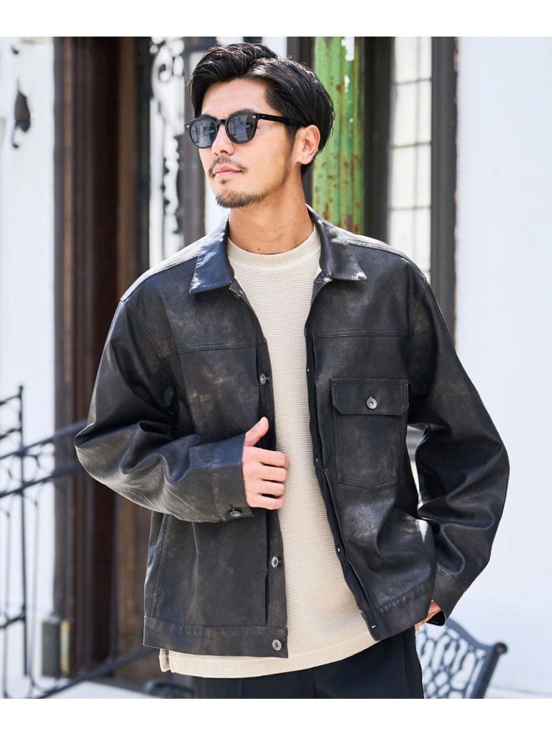 CavariA CavariA ヴィンテージライクフェイクレザーGジャン シルバーバレット ジャケット・アウター デニムジャケット ブラック グレー ブラウン【送料無料】
