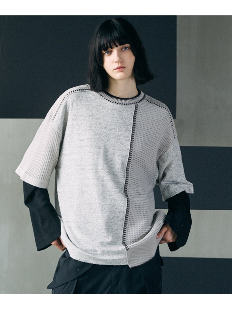 MAISON SPECIAL Different Materials Docking Prime-Over Random Pile Hand-Stitched T-shirt メゾンスペシャル トップス カットソー・Tシャツ ブラック グレー【送料無料】| Fashion Men