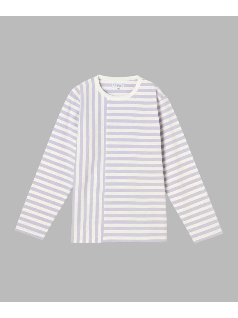 agnes b. FEMME 【by R 限定品】agnes b. 細ボーダーxストライプ コットン 長袖 Tシャツ \"Haru\" アニエスベー トップス カットソー・Tシャツ ホワイト【送料無料】