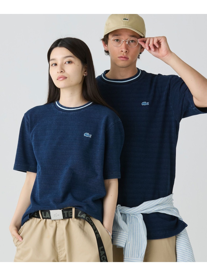 【SALE／30%OFF】LACOSTE 配色リブニットインディゴ鹿の子 半袖Tシャツ ラコステ トップス カットソー・Tシャツ ブルー グレー【RBA_E】【送料無料】
