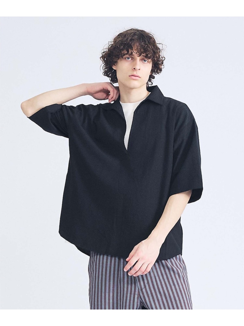 ABAHOUSE LASTWORD サッカーストライプ スキッパーシャツ / オーバーサイズ / 半袖シャツ アバハウス トップス シャツ・ブラウス ネイビー ホワイト ブラック イエロー ブルー【送料無料】