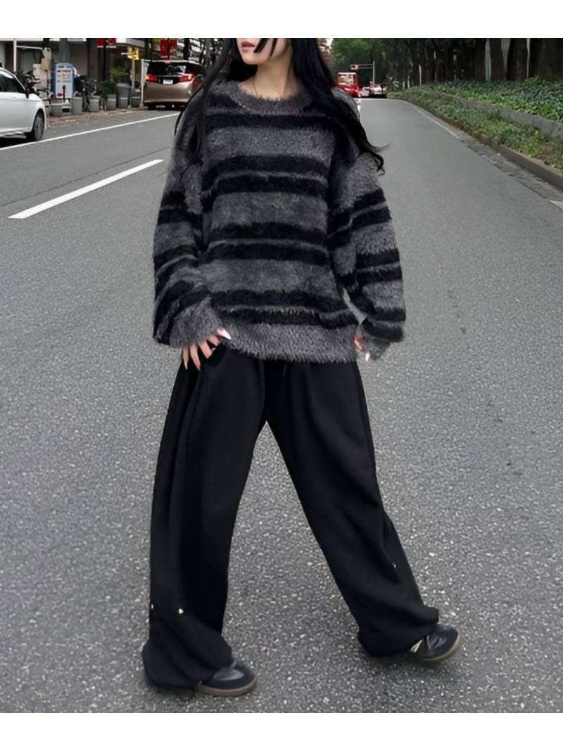 Chikashitsu + 【Chikashitsu +】hairy border knit ネバーマインドザエックスユー／チカシツプラス トップス ニット グレー【送料無料】｜ Fashion Men