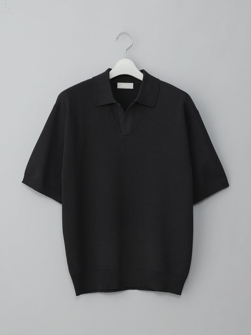 【SALE／5%OFF】SUIT SQUARE GOOVI スキッパーポロニット半袖 ウォッシャブル 和紙ブレンドプレーティング 背広 真四角 トップス スポーツシャツ 黒いこと【RBA_E】【貨物輸送無料】