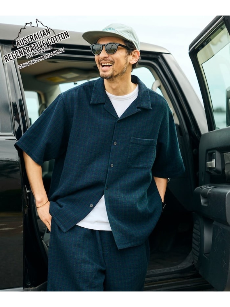 FREAK'S STORE AUSTRALIAN COTTON オープンカラー チェックシャツ ショートスリーブ/オーストラリアン コットン S フリークスストア トップス シャツ・ブラウス ブルー ベージュ ブラック【送料無料】