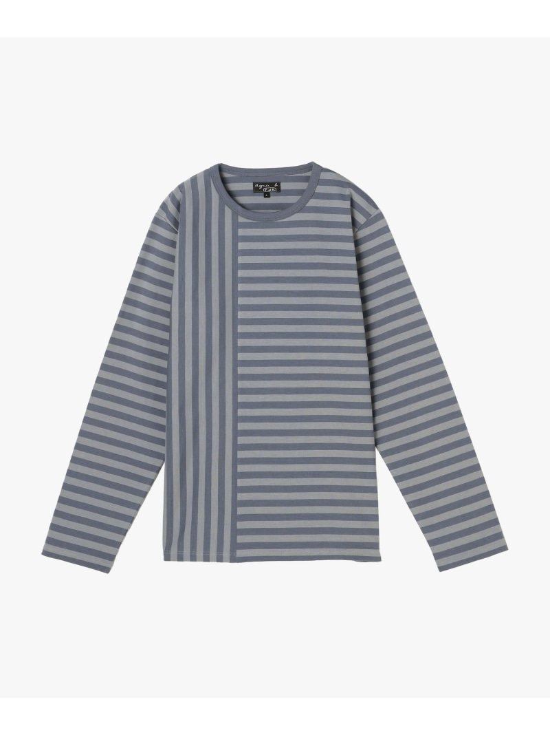 agnes b. FEMME 【by R 限定品】agnes b. 細ボーダーxストライプ コットン 長袖 Tシャツ \"Haru\" アニエスベー トップス カットソー・Tシャツ グレー【送料無料】