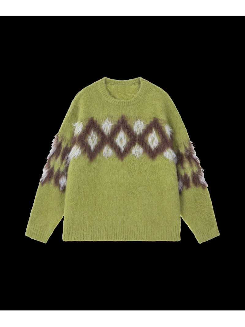 U:UME Fur Argyle Pattern Sweater ユーム トップス ニット グリーン グレー【先行予約】*【送料無料】