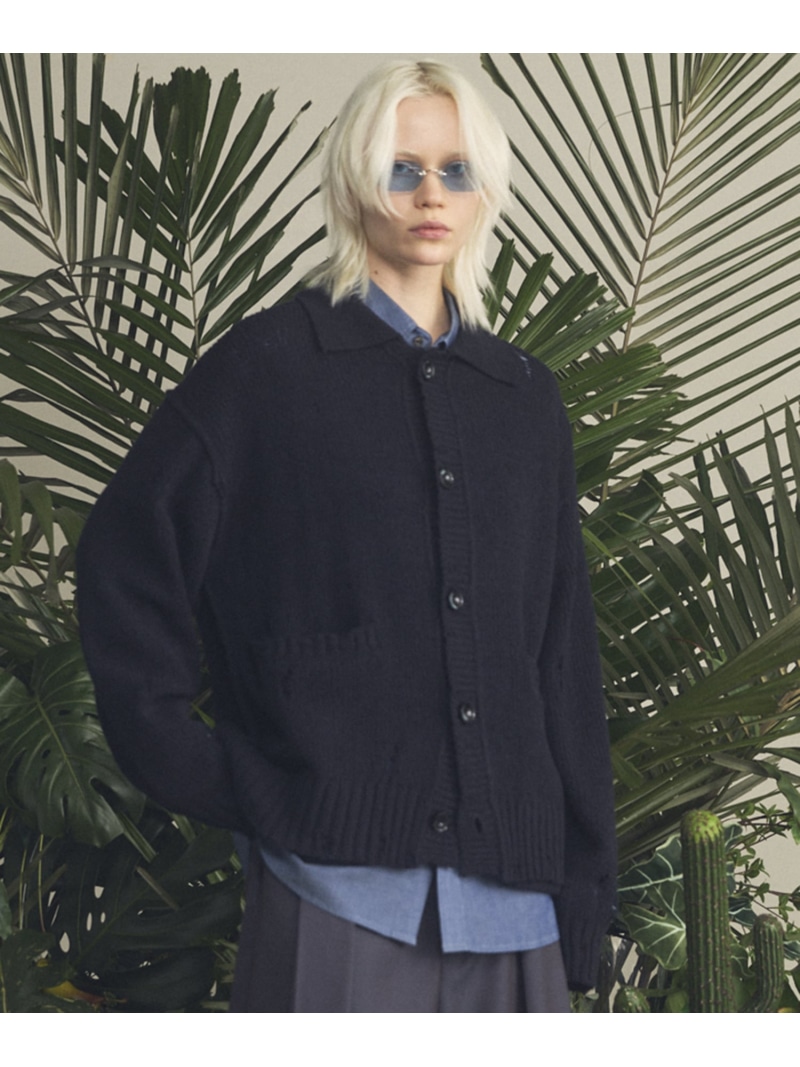 MAISON SPECIAL Prime-Over Distressed Knit Collared Cardigan メゾンスペシャル トップス ニット ブラック レッド【送料無料】