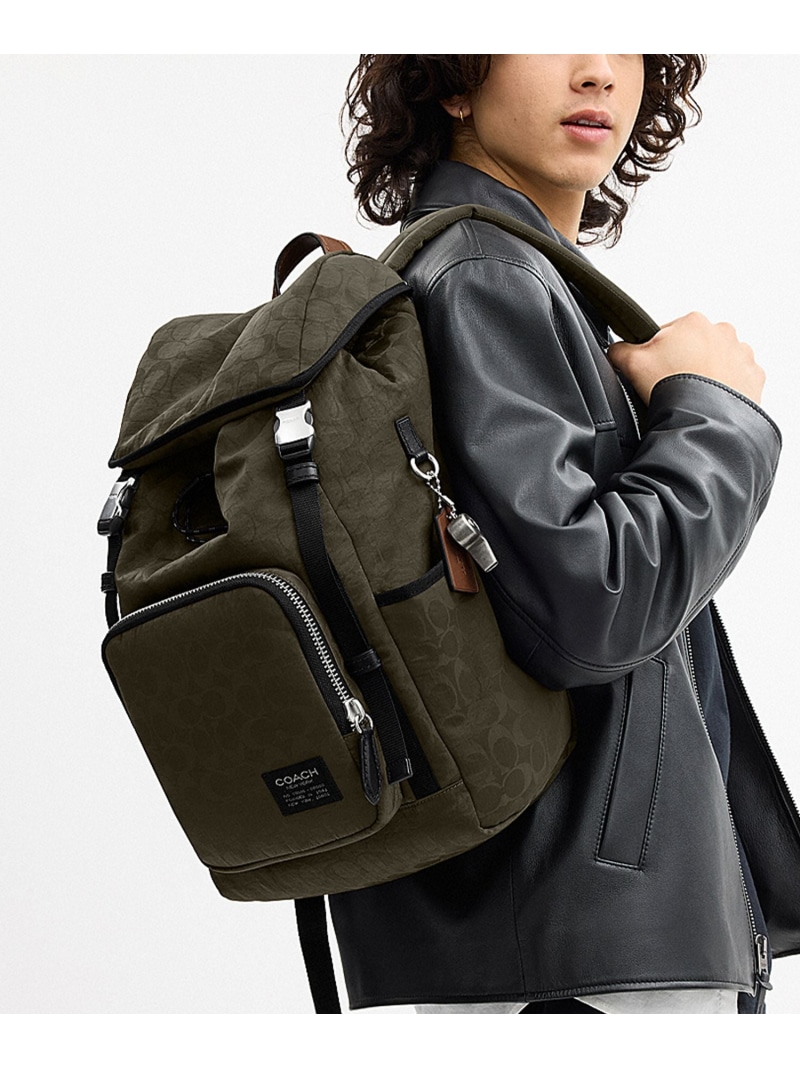 COACH 【堅苦しさ】置き目鉄砲 バックパック・シグネチャー ナイロン コーチ職 御徒面子 背嚢・うしろ側容器に並べる 緑であること【貨物輸送無料】 バッグ・小物・ブランド雑貨-バックパック・リュック