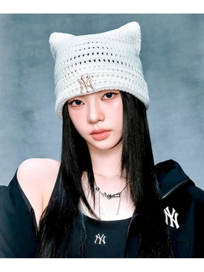 SELECT BRANDS MLB KOREA/エムエルビーコリア サマークロシュ ミャオンビーニー【猫耳ビーニー】 手玉サクラ色 かぶり笠 編み物帽・ビーニー 白いこと 黒いこと【貨物輸送無料】