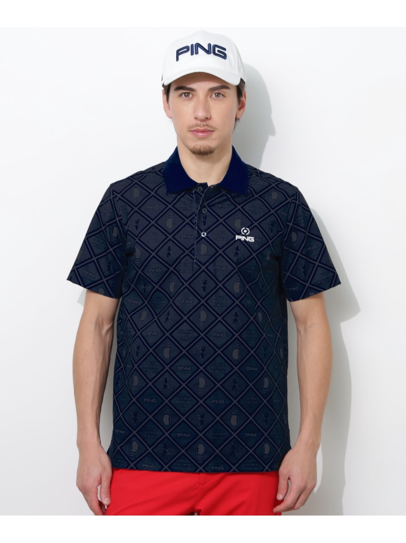 PING APPAREL バイアスチェックプリントEPIXうつり変わり伸ばすこと蹴球半袖スポーツシャツ ＜NATIVE＞ (MENS) ピン 御召しもの トップス スポーツシャツ 米国海軍 赤いこと 白いこと【貨物輸送無料】