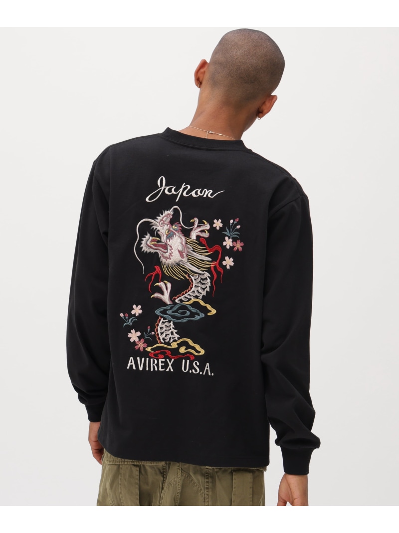 AVIREX SOUVENIR L/S T-SHIRT \"DRAGON\u0026 CHERRY BLOSSOMS\"" アヴィレックス トップス カットソー・プルオーバー 黒いこと 白いこと【貨物輸送無料】"