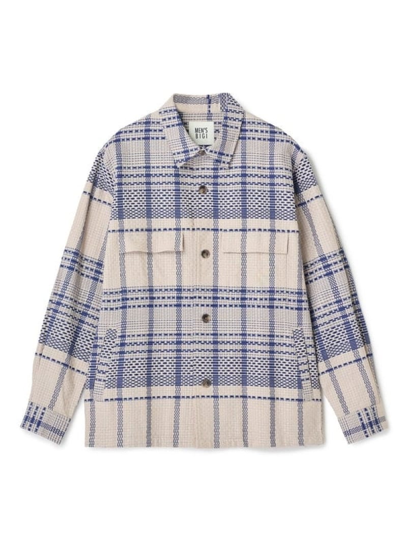 MEN\u0027S BIGI ドビーチェックCPOプルオーバー メンズ ビギ トップス プルオーバー・トップ ベージュ 米国海軍【貨物輸送無料】 カジュアルシャツ-トップス