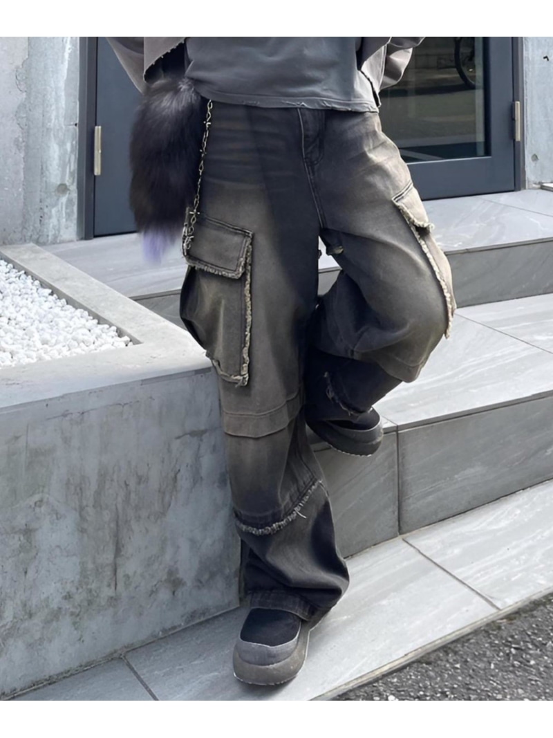 XU 【XU】grunge denim cargo pants ネバーマインドザエックスユー／チカシツプラス ズボン下 デニム・ジーンズズボン下 青色 黒いこと【貨物輸送無料】
