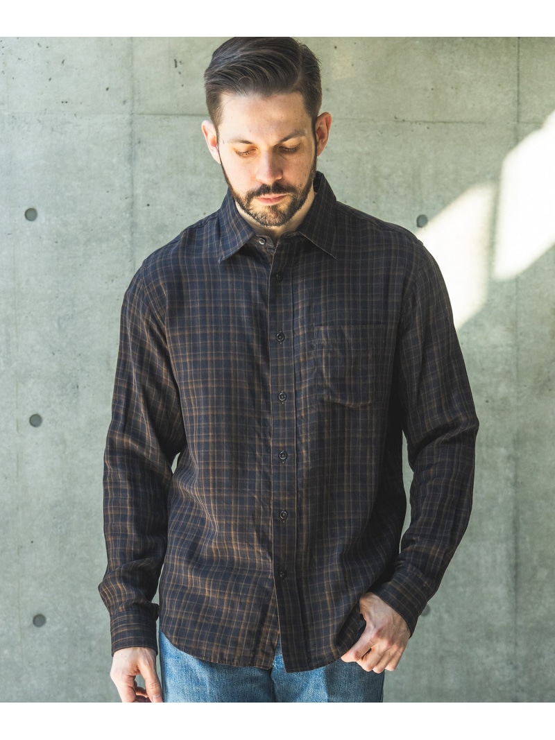 MR.OLIVE DOUBLE GAUZE MADRAS CHECK /REGULAR COLLAR SHIRT 檀那オリーブ トップス プルオーバー・トップ 黒いこと カーキ緑であること【貨物輸送無料】